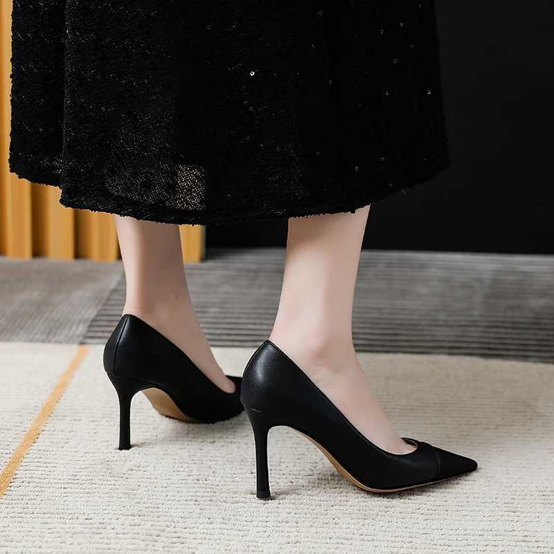 French leather Etiquette Social small perfume style single point shoes womens color shallow mouth high heel stiletto shoes Y241116