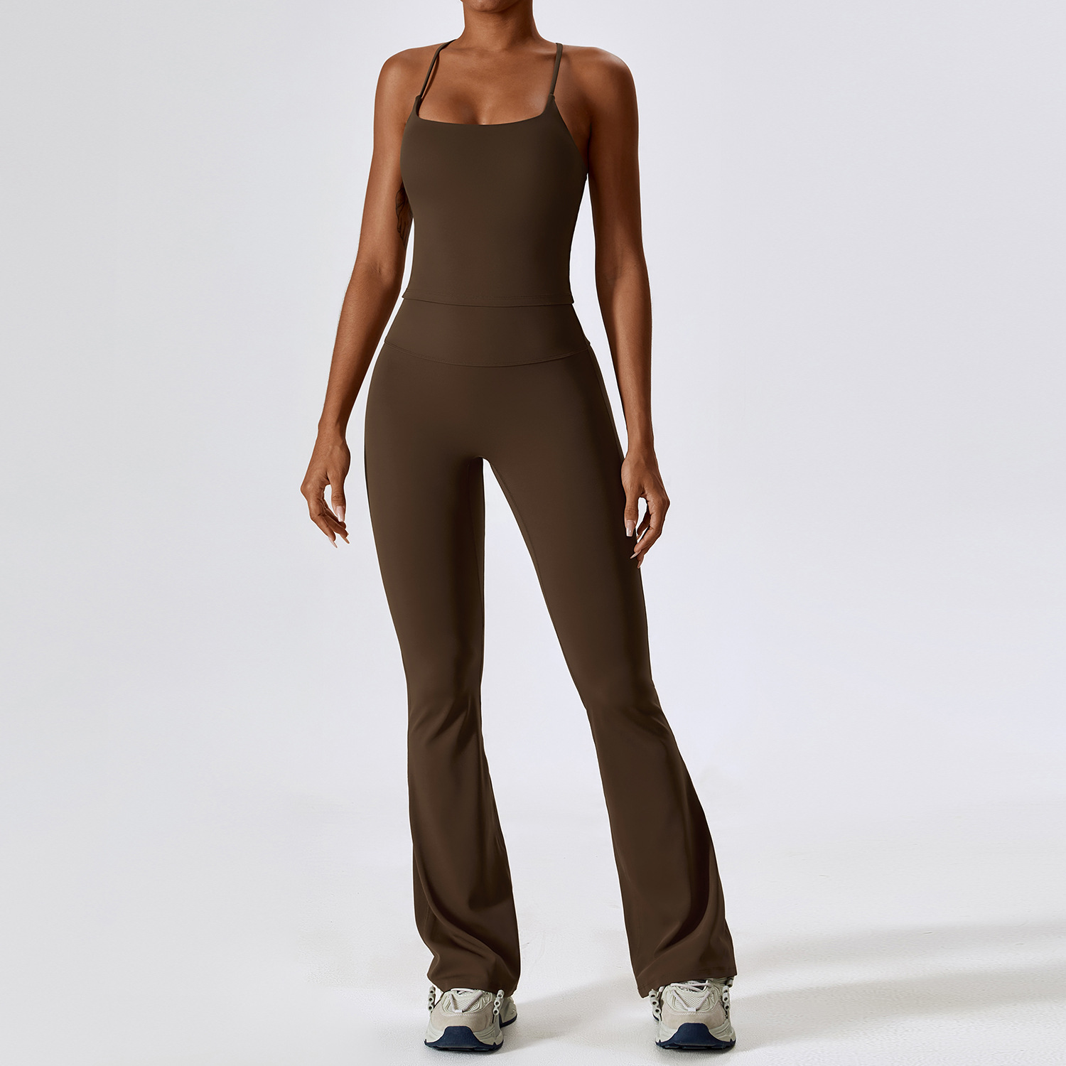 8232 Womens Yoga Outfit Yoga Sets Vest Sleeveless Tops Pants Bell-bottom Trousers Excerise Sport Gym Running Long Pant Elastic High Waist Sportwear
