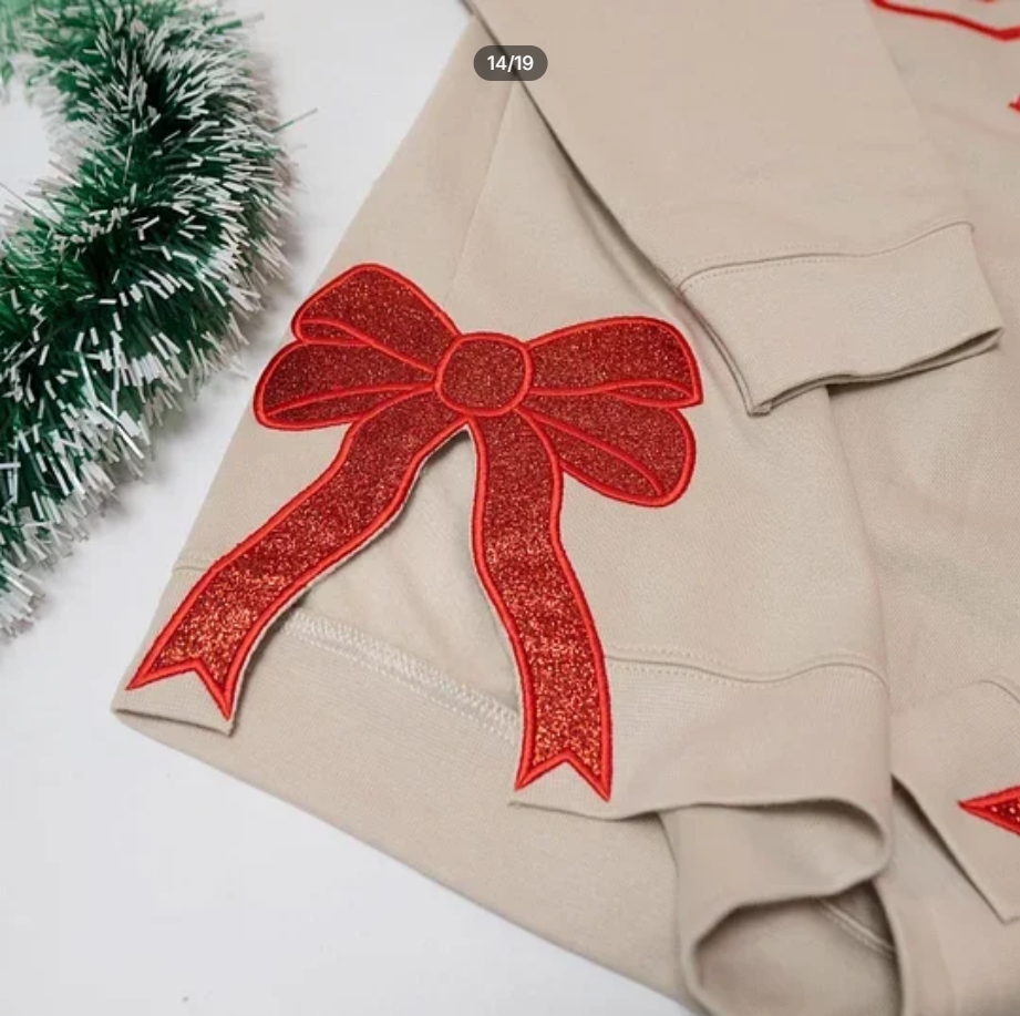 Christmas Embroidered MOM Glitter Bow Hoodie Sweatshirt