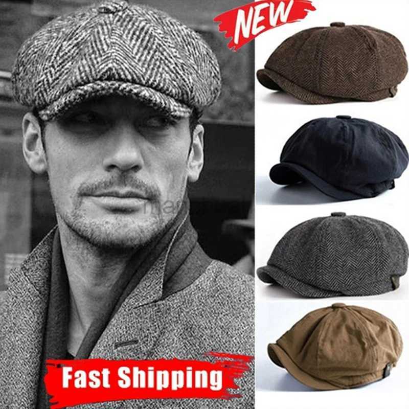 Berets New Men Berets Retro Peaky Blinders Wool Blend Herringbone Tweed Newsboy Octagonal Hat Tweed Blend Casual Flat Cap Father Hats d24417