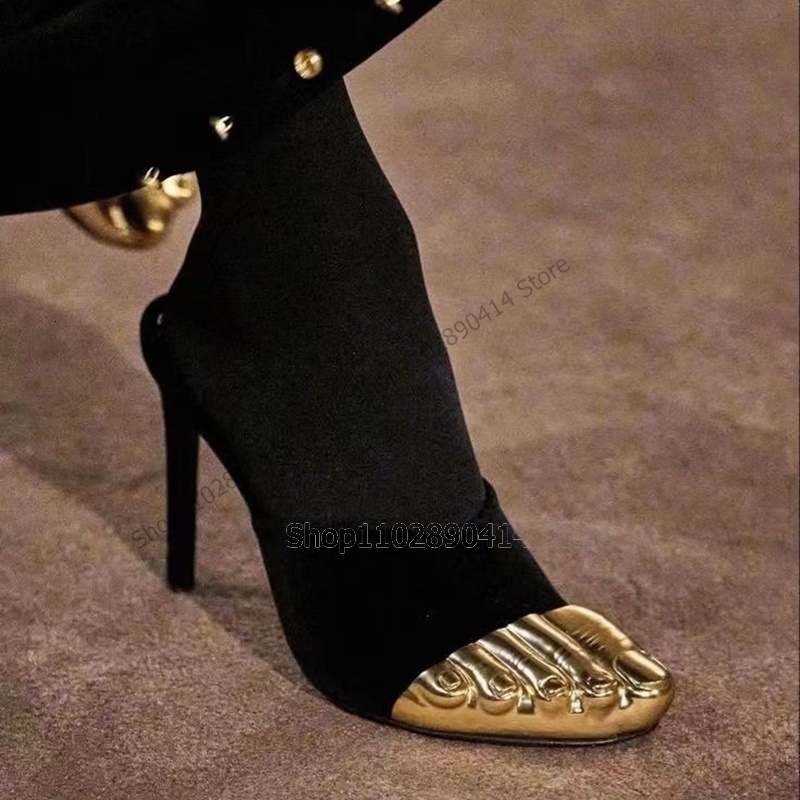 Gold Five Fingers Design Black Matte Leather Boots Back Zipper Women Shoes Thin High Heel Novel Fashion 2023 Atos Para Mujere