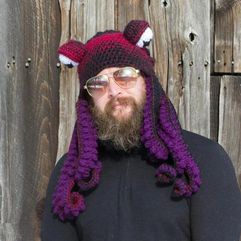 handmade fun tentacle octopus hat crochet hook Cthulhu beard bunny mens knitted hood Halloween animal gift 241116
