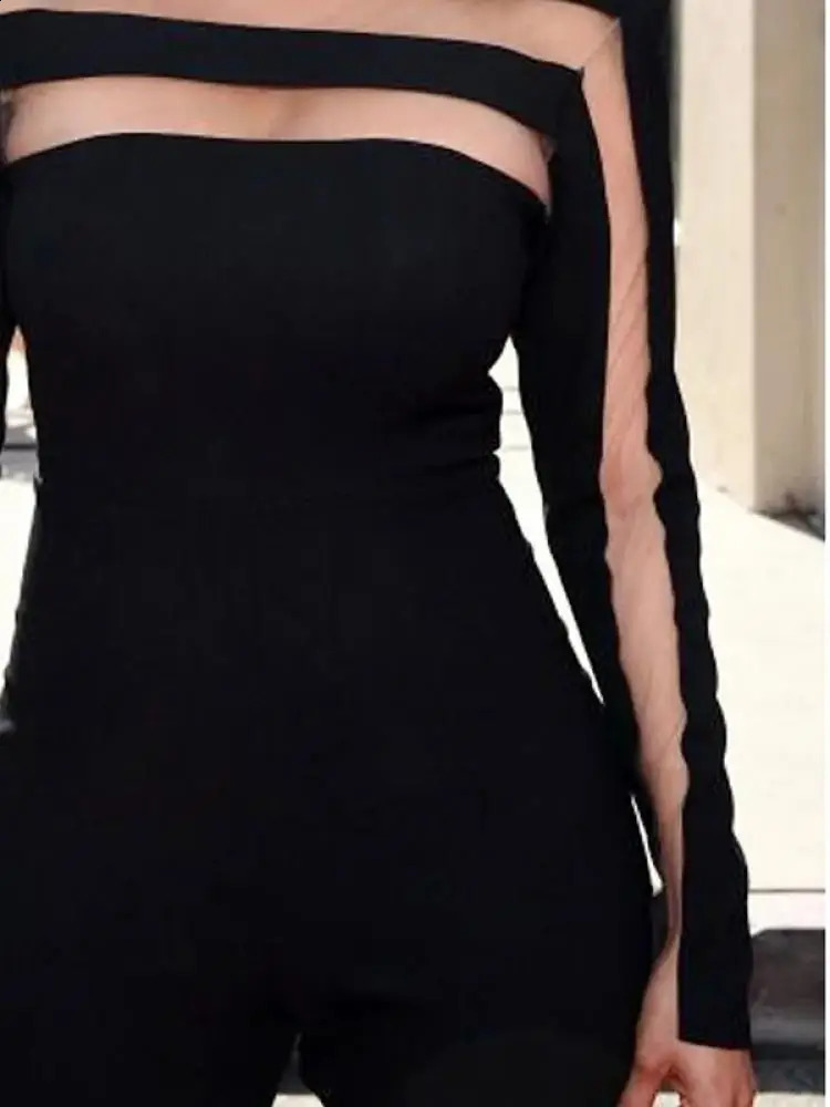 Yeezzi Womens Fashionable and Sexy Mesh Split High Neck T-shirt Year Long Sleeve Solid Color Womens Tight Top 241114CJ