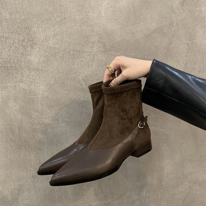 Sharp Pointed Thick Heel Brown Soft Leather Women's Short Boots.