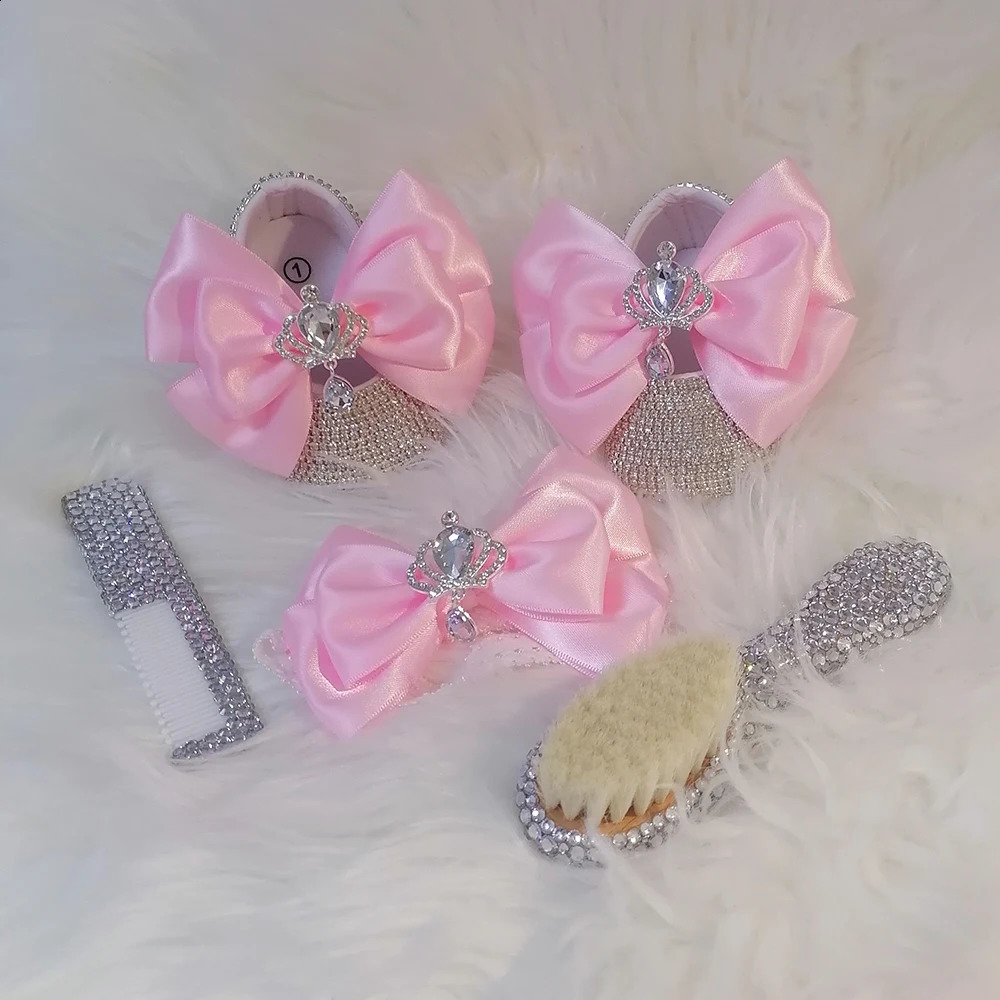 Handmade bow Rhinestone baby girl childrens shoes hair pacifier clip comb first Walker sparkling crystal shower gift 241116