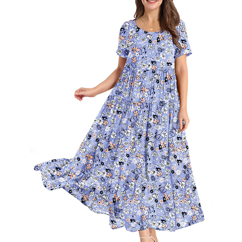 luxury clothes women designer dress women dresses Polyester Crew Neck Summer Conventional Sleeve Flora Printed Dresses Short Sleev vestidos dresses fo