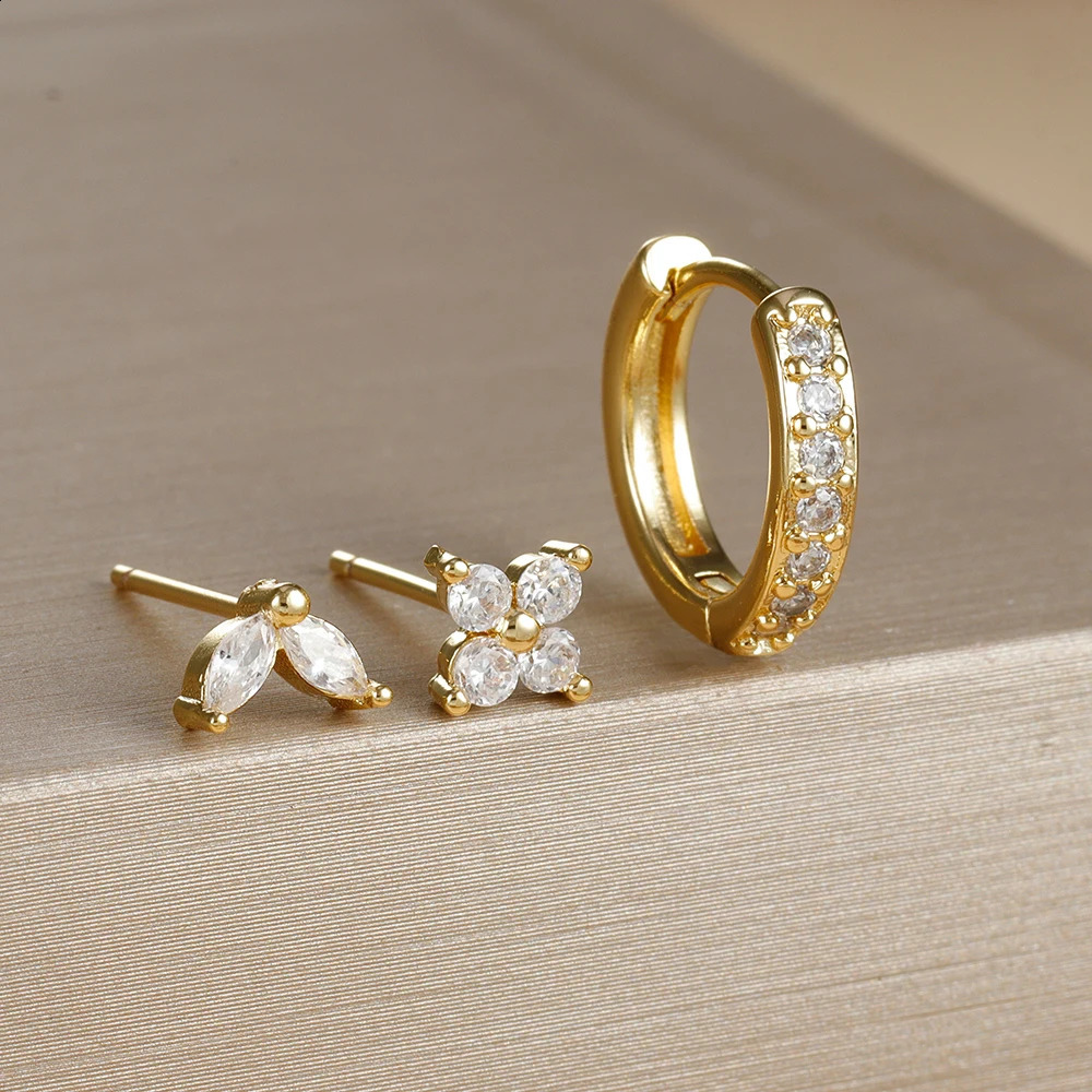 3PCS Stainless Steel Gold Color Circle Hoop Earrings Set for Women Simple Zircon Flower Stud Earring Cartilage Piercing Jewelry 241116