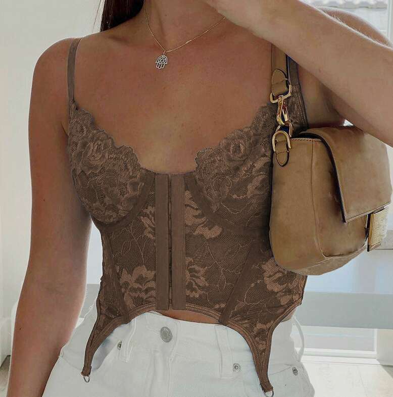 women's casual lace V-neck fashion brand lace knitted cotton U-neck sleeveless solid color sexy vest elastic tight mini skirt