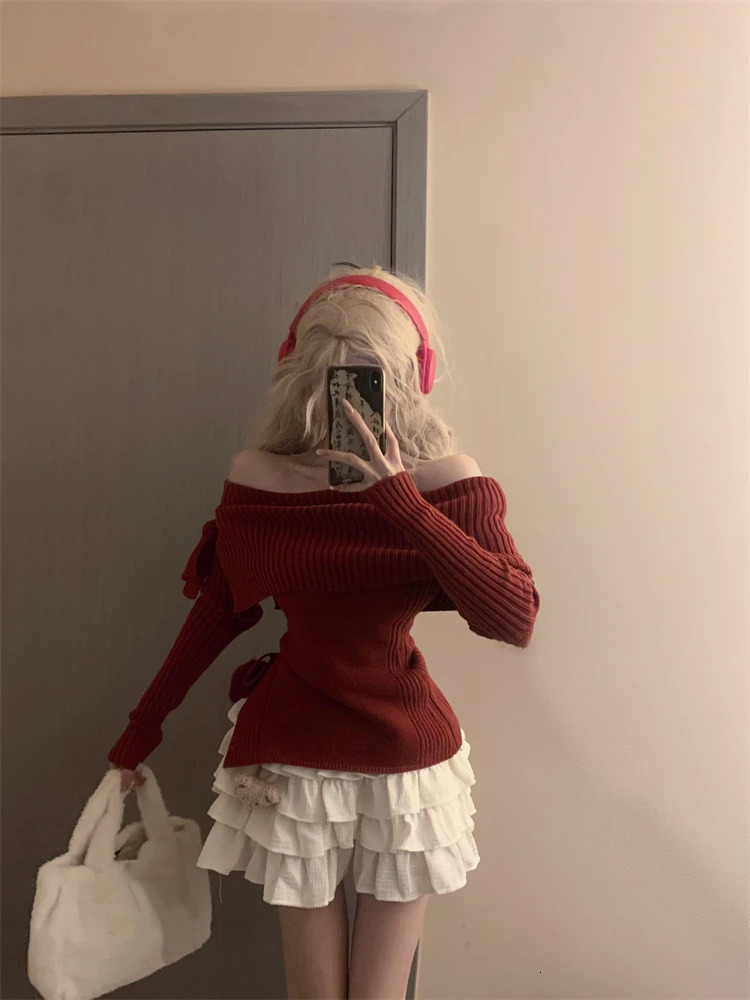 Winter Kawaii Sweet 2 Piece Set Woman Off Shoulder Bow Knitted Tops Mini Cake Skirt Female Korean Fashion Casual Suit 2024 240403