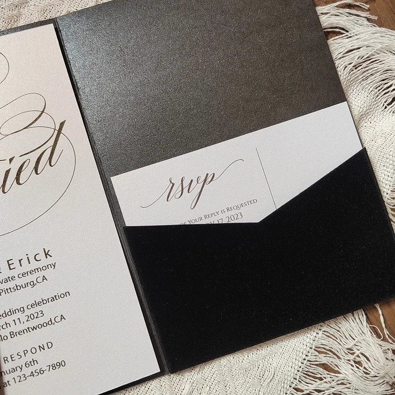 25 pieces of black velvet invitation card pocket folder Trifilad folder black velvet and black pearlescent paper 241115