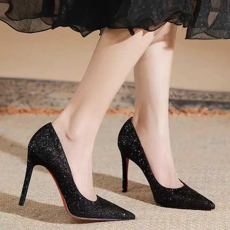 Black high heels womens shoes slim high heels spring/summer new sequined banquet point professional sexy womens shoes Y241116