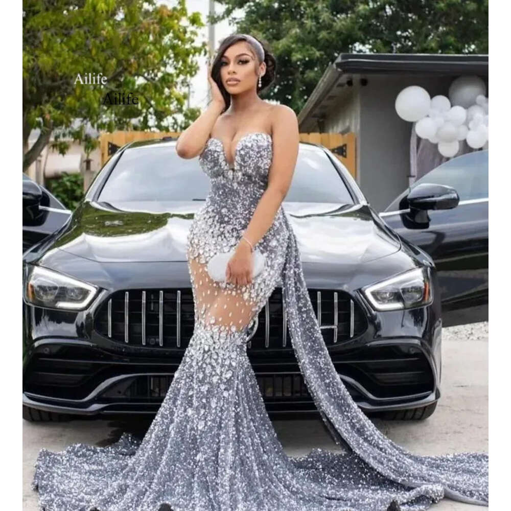 Sparkly Sier Sequins Mermaid Prom Dresses For Black Girls Sweetheart Crystal Rhie Sweep Train Formal Party Evening Gowns Robes De Bal