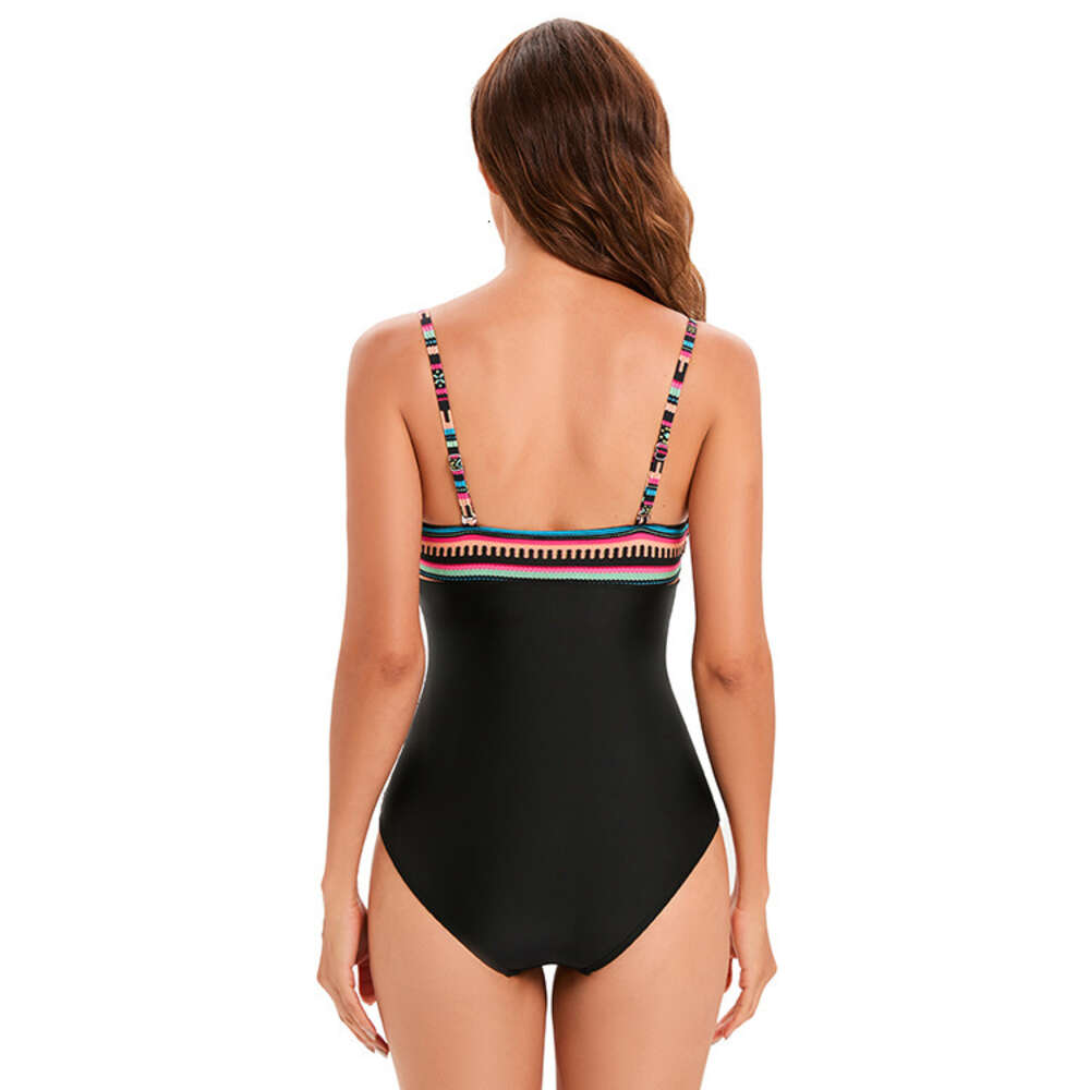 2024New One Piece Triangle Swimsuit Women's V-neck Color Block Wrinkle Covering Belly Sexy Backless F41751