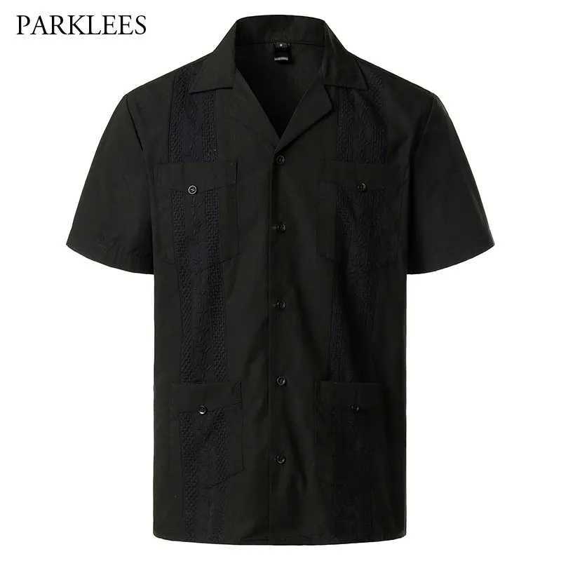 Men's Casual Shirts Embroidery Floral Patchwork for Men Multi-Pocket Mens Short Sleeve Shirt Cuban Camp Guayabera Ethnic Clothing 240417