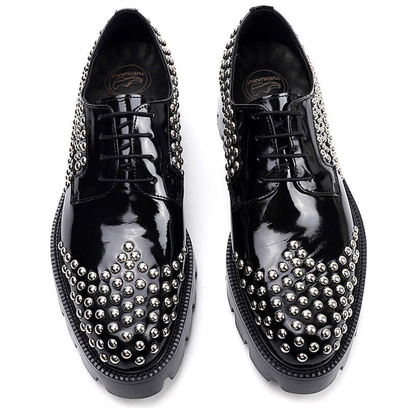 Men Formal Business Gneuine Leather Dress shoes Lace up cowhide Korean Metal Rivet Handmade Block Chaussure Homme