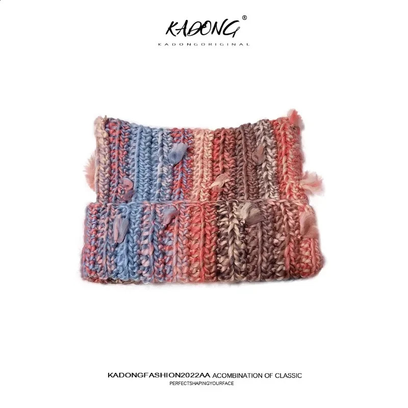 Sweet dopamine mixed color curly drawstring hat Y2K autumn and winter outdoor casual warm and cute cat ear beanie hat 241116