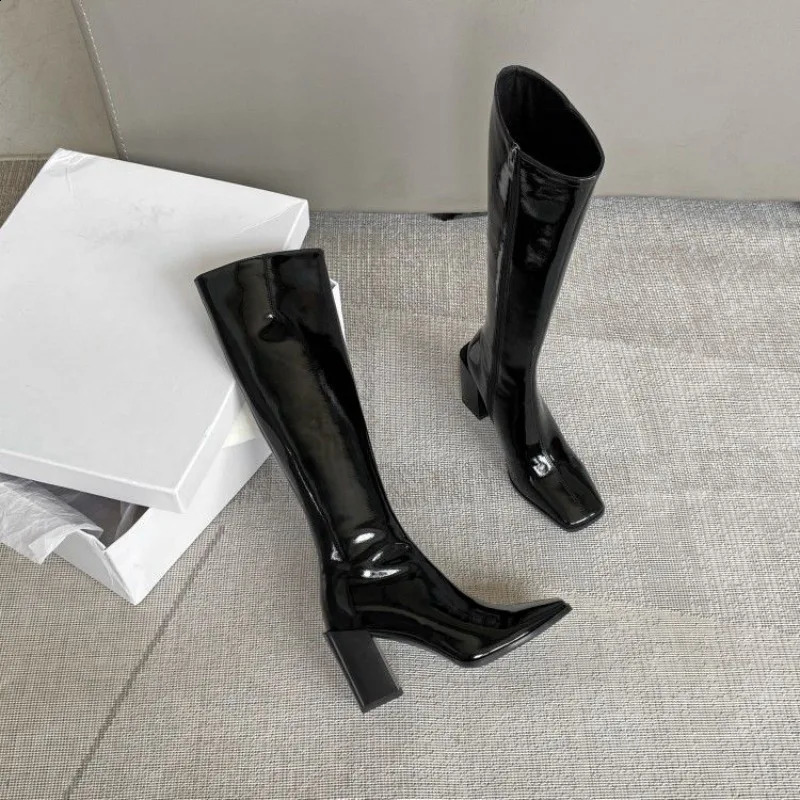 Blue womens boots winter knees womens long wheelbase shoes square toes Changchun autumn fashion work trend Gyaru Pu 241116