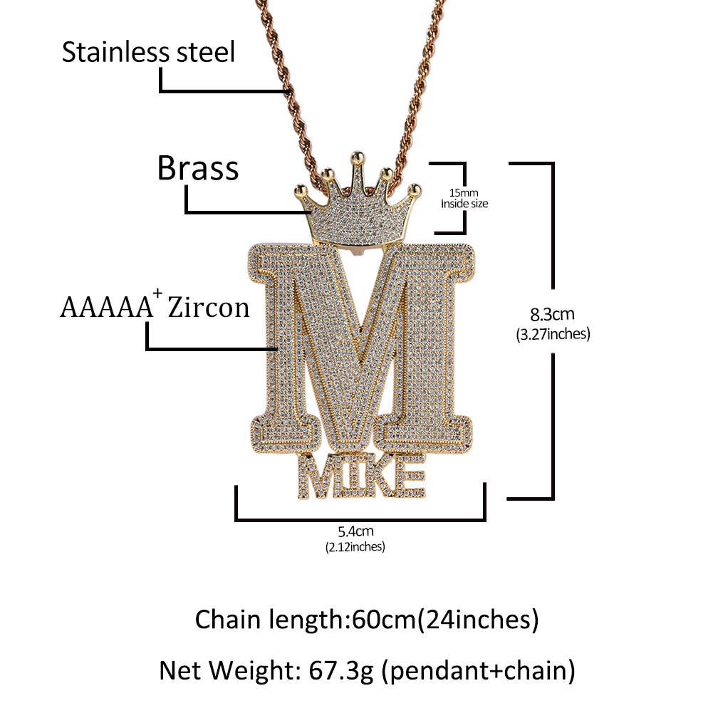 Hip Hop Crow Clasp Custom A-Z Large 1 Letter and Charm Letters Pendant Women Mens Necklace Full Zircon Jewelry