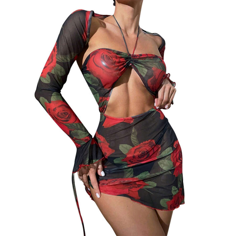 2024 Backless Women's Printed Lace Up Swimsuit Sunscreen Cover Up Beach Sexy Short Skirt F41728