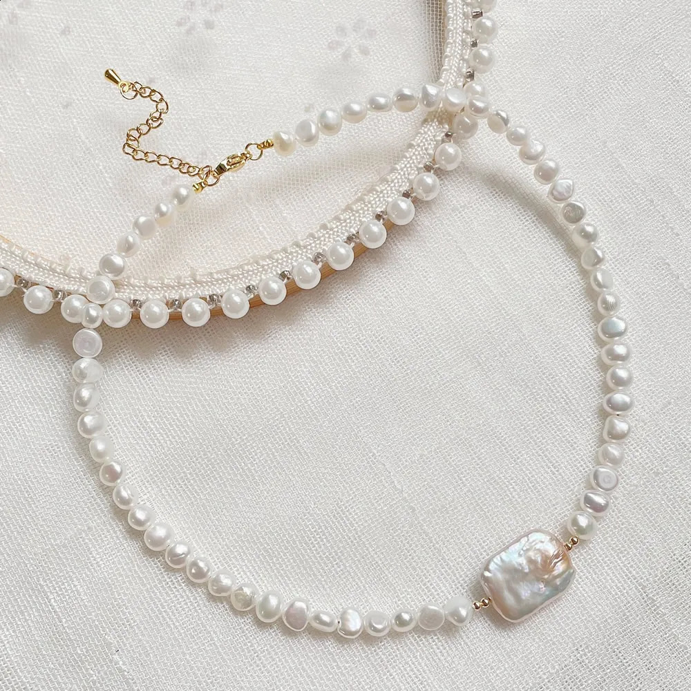 Elegant and truly natural freshwater pearl necklace suitable for womens Baroque irregular square pearl charm short necklace wedding gift 241116