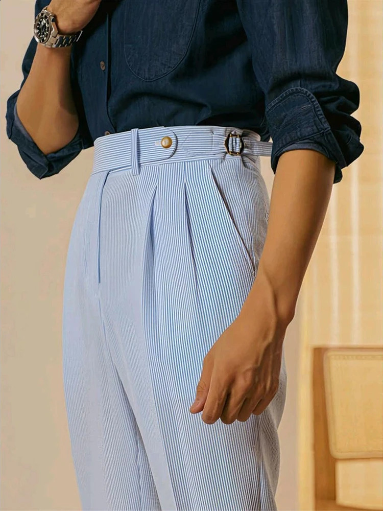 Classic Striped High Waist Suit Trousers Men Vintage Belt Laceup Straight Pants Spring Summer Mens Fashion Pleated Slim 241116