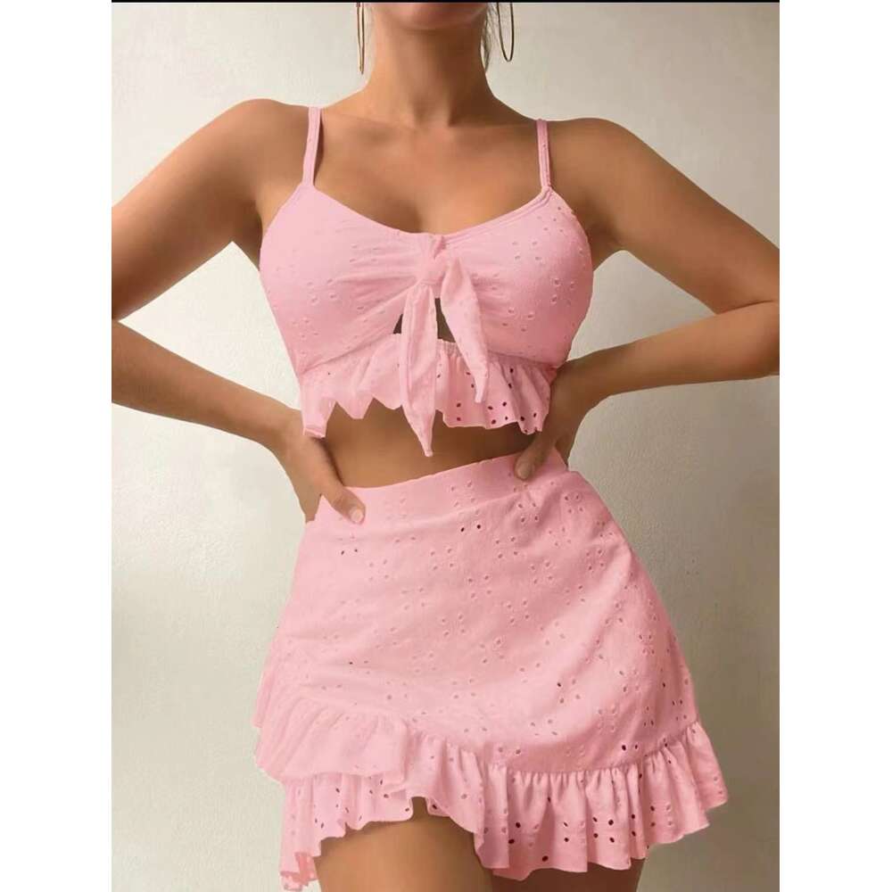 Hip Wrap Skirt Split Body Three Piece Set with Lace Up Beach Bikini Swimsuit F41733