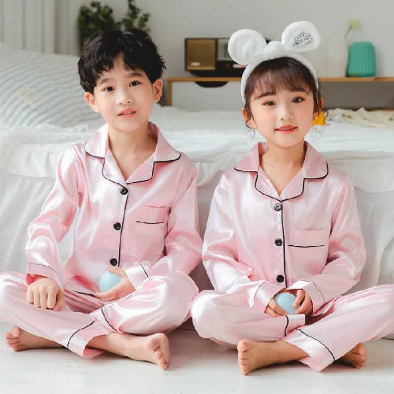 New Children Silk Satin Pyjamas Set Baby Sleepwear Pijama Solid color Pajamas Suit Boys Girls Sleep Set Autumn Kids LoungewearXJ241116