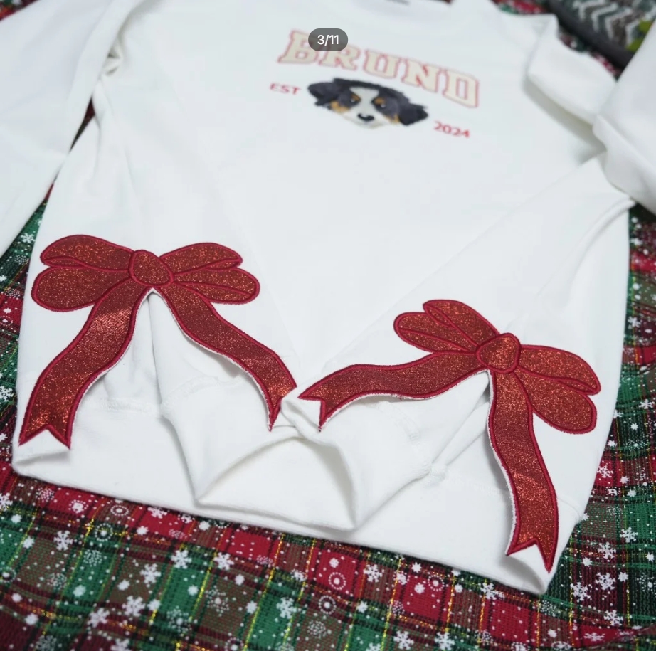 Custom Embroidered Christmas Hoodie with Glitter Bow for Family and Pets - Festive Style