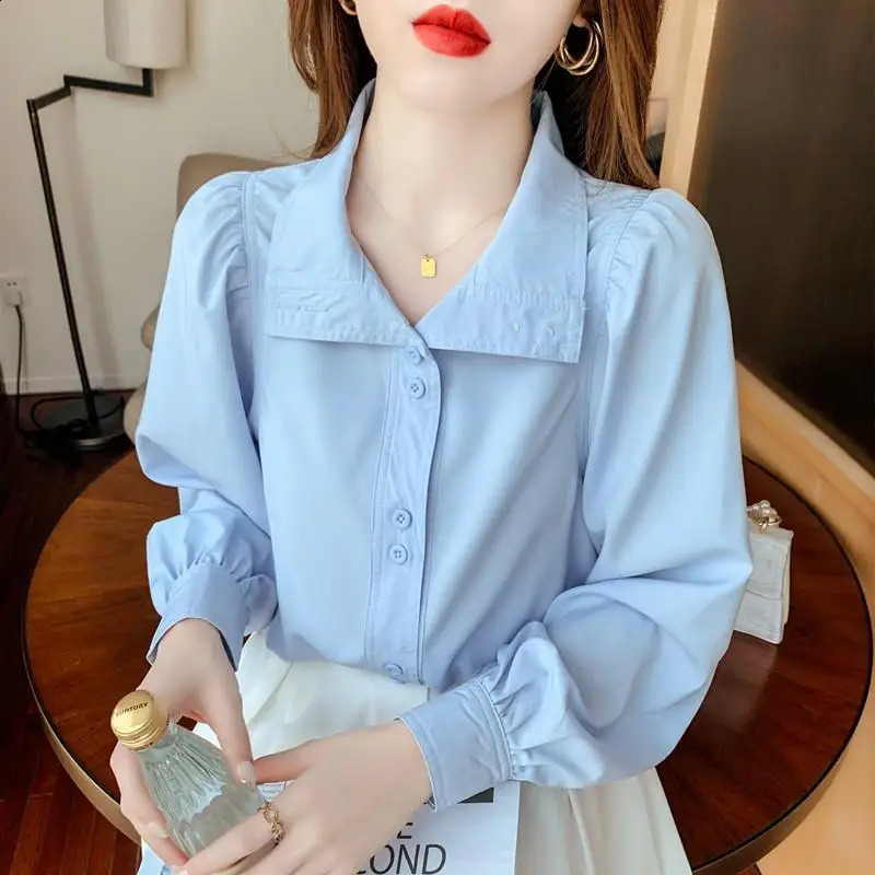 Autumn Womens Bubble Sleeve Chiffon Top Retro Hong Kong Style Temperature Elegant and Casual Niche Fully Matched 241115