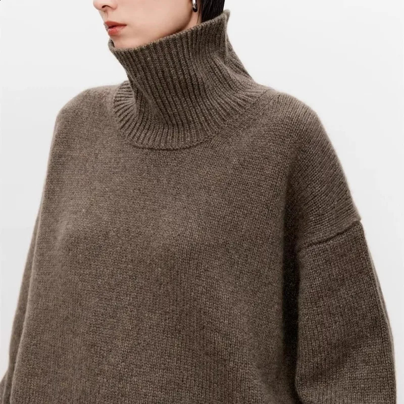 Thickened turtleneck 100% pure cashmere sweater womens loose lazy knit silhouette European products 241116