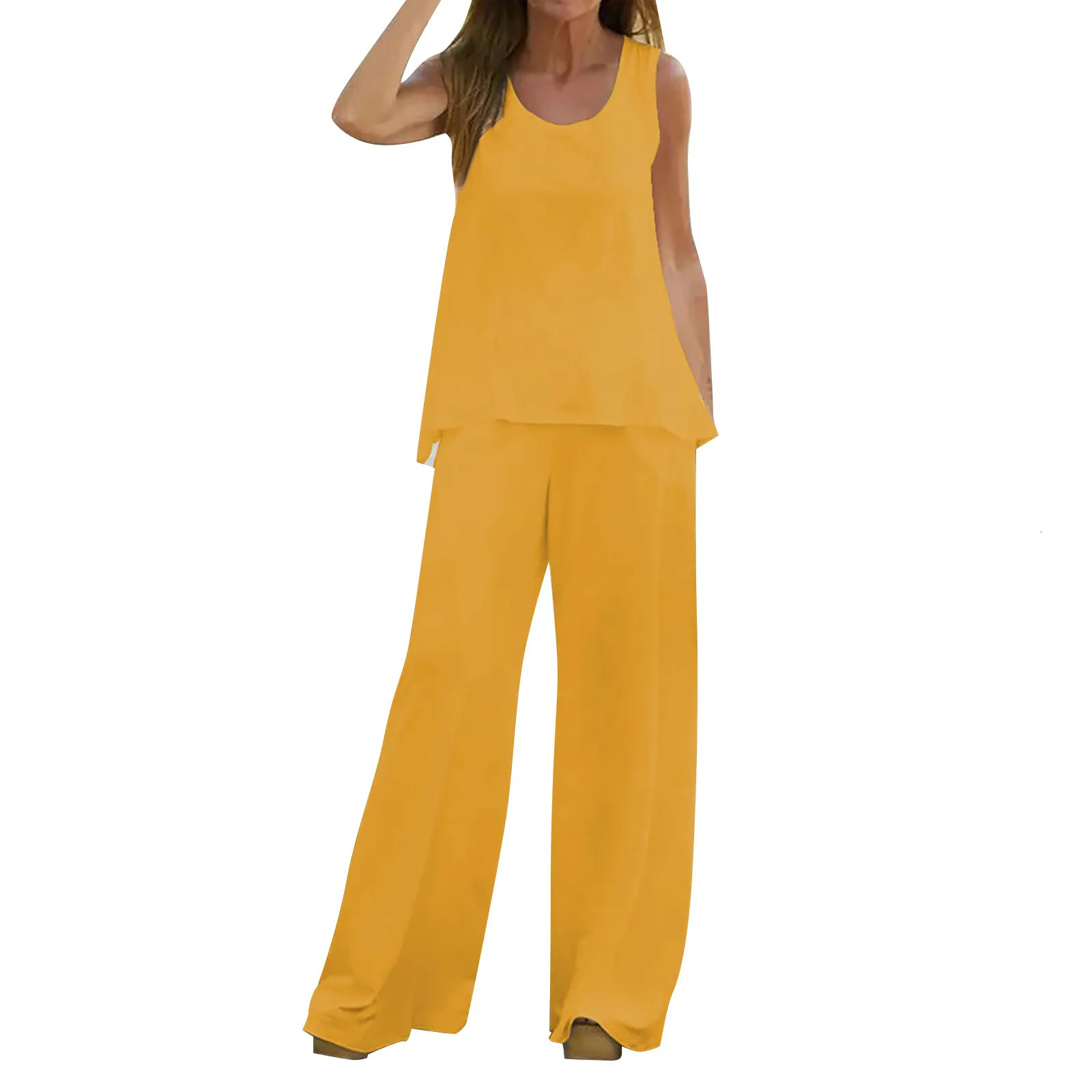 Women Solid Suit Pullover Sleeveless Round Neck Top Wide Leg Pants Set Two Piece Loose Casual Womens Clothing Summer 240410