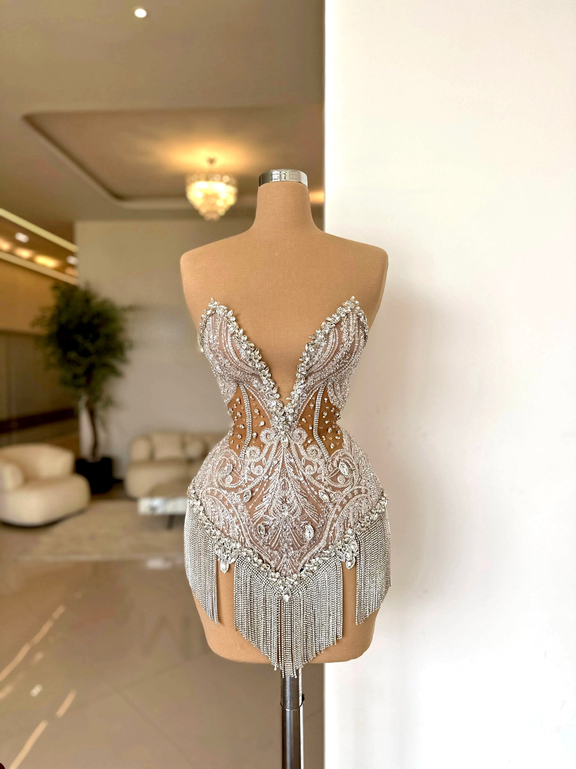 Luxury Beading Prom Dress Elegant Tassel Crystal Formal Evening Gowns Sleeveless Lace Mini Cocktail Dresses