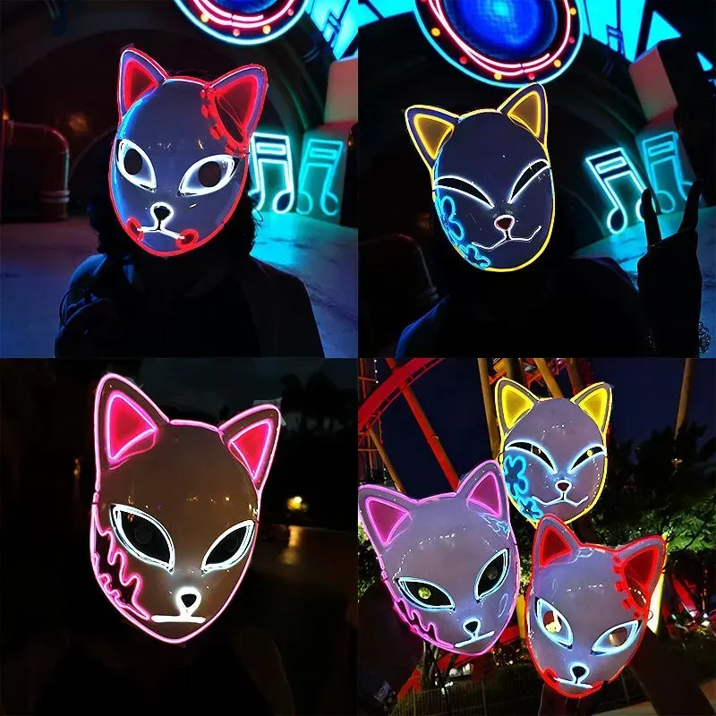 Slayer Glowing Demon EL Wire Kimetsu No Yaiba Characters Cosplay Costume Accessories Japanese Anime Fox Halloween LED Mask 0417
