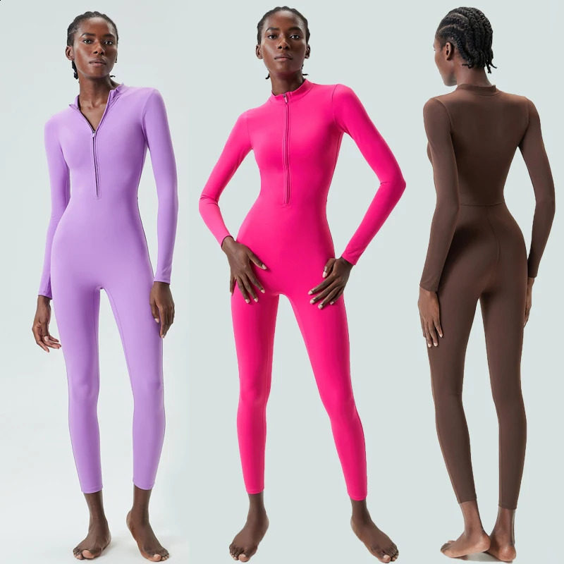 Womens gym running set solid color integrated yoga set butter soft slim fit jumpsuit long sleeved sportswear exercise suit 241116