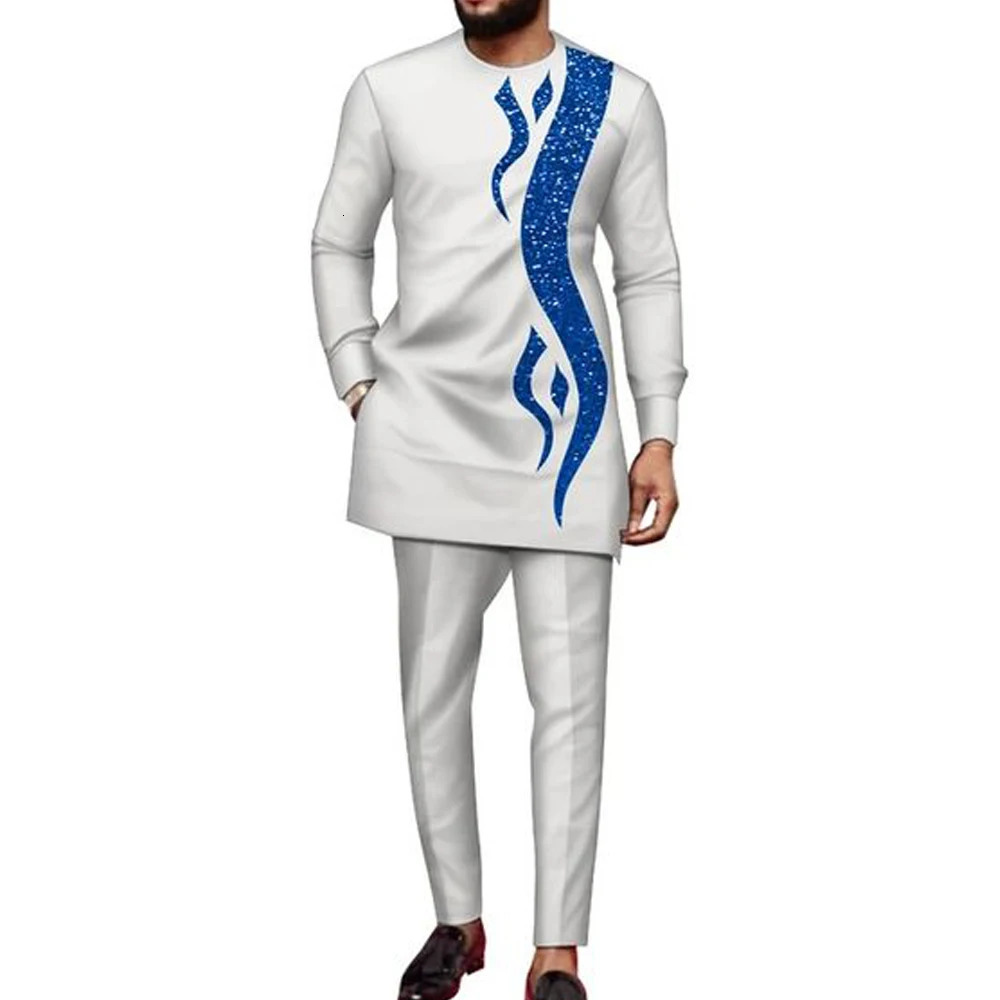 Kaftan Mens Suit Printed Top Trousers African Ethnic Casual Traditional Cloth 2PCS Suits Outfits Wedding Wear Fashion Male Sets 240417