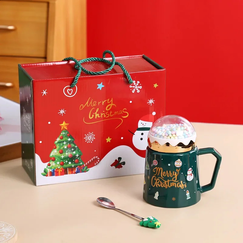 480ml Christmas Mugs with Lid Santa Claus Spoon Large Capacity Cute Creative Coffee Cup Xmas Gift for Kid Milk Tea Mug Drinking 241116