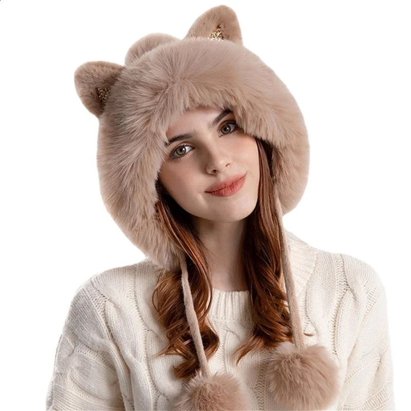 Womens cute warm knitting hat suitable for womens cartoon Cats ears Steamed cat-ear shaped bread in winter two ball earmuffs fluffy thick fur bean hat 241116