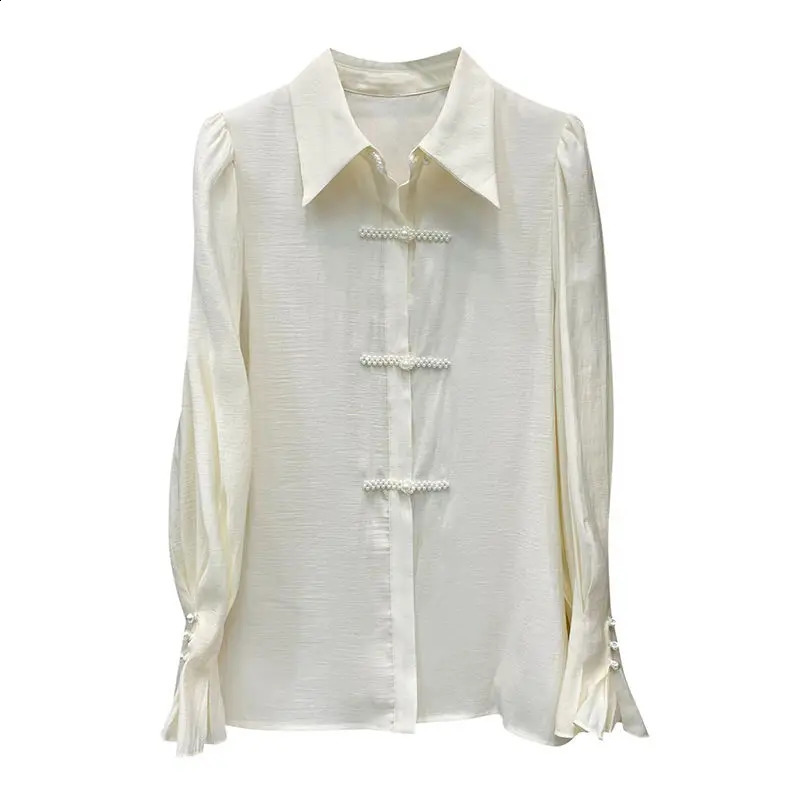Womens Pearl Shirt Chinese Warm Long Sleeve Sunscreen Top Frog Fashion Trend Fashion 241115