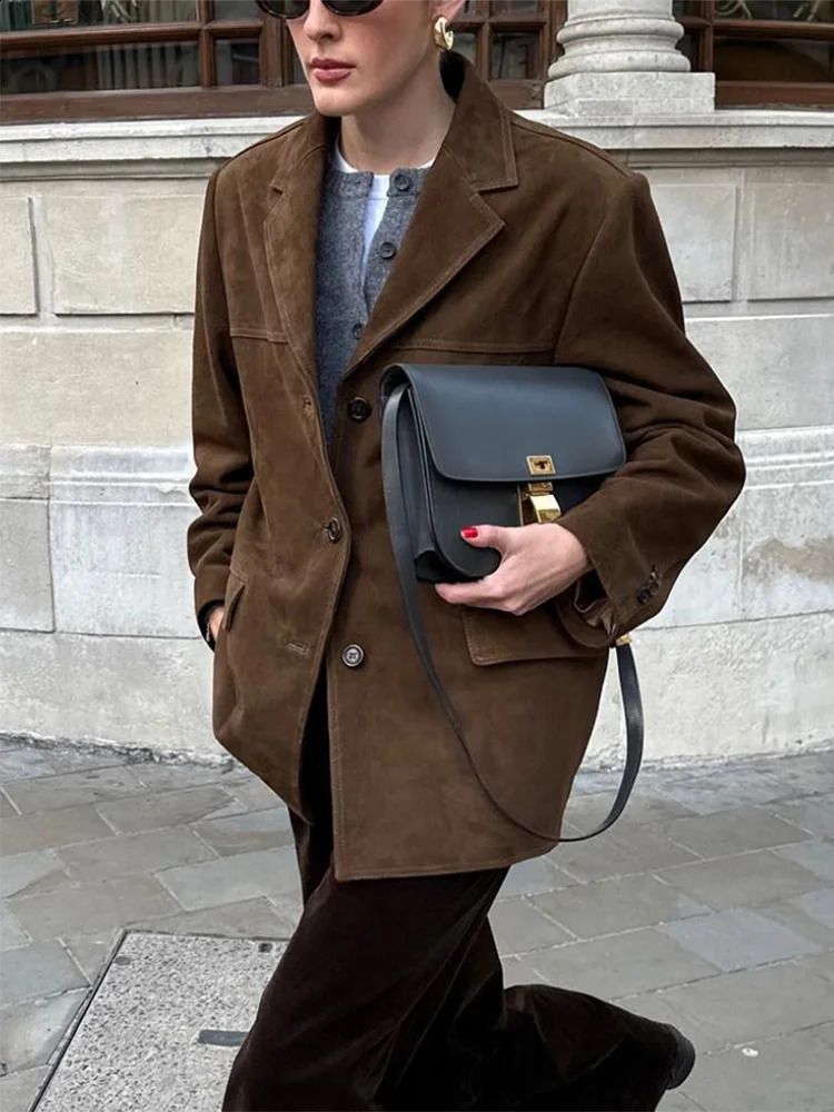 Womens chic brown casual suede jacket with collar long sleeves single chest pocket autumn solid office jacket 3193 241115