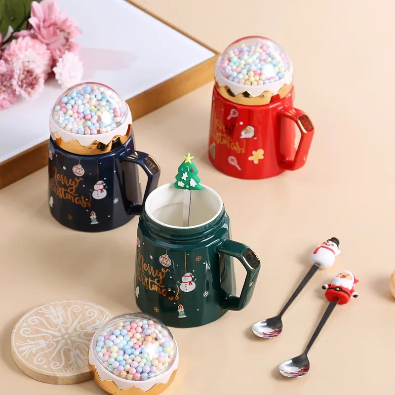 480ml Christmas Mugs with Lid Santa Claus Spoon Large Capacity Cute Creative Coffee Cup Xmas Gift for Kid Milk Tea Mug Drinking 241116