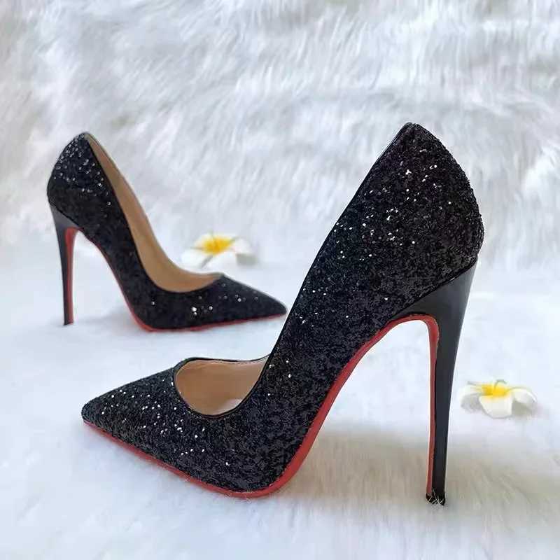 Black high heels womens shoes slim high heels spring/summer new sequined banquet point professional sexy womens shoes Y241116