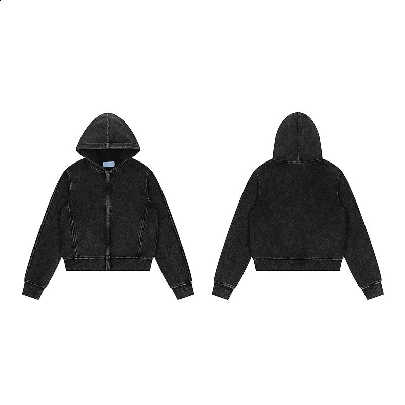 American Style Black Zippered Cropped Hooded Sweatshirt Jacket For Men Women Spring Autumn Cardigan Petite Top 241116