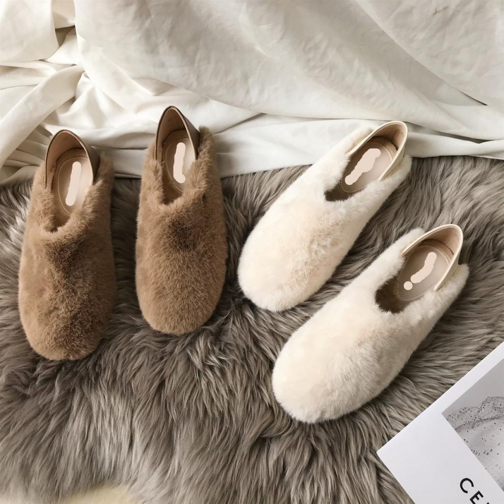 Women's Slippers:Winter Simple Design Solid Color Fleece Warm Fur Shoes Outdoor Flat Bottom,Black/Beige/Khaki,Free shipping 2e50