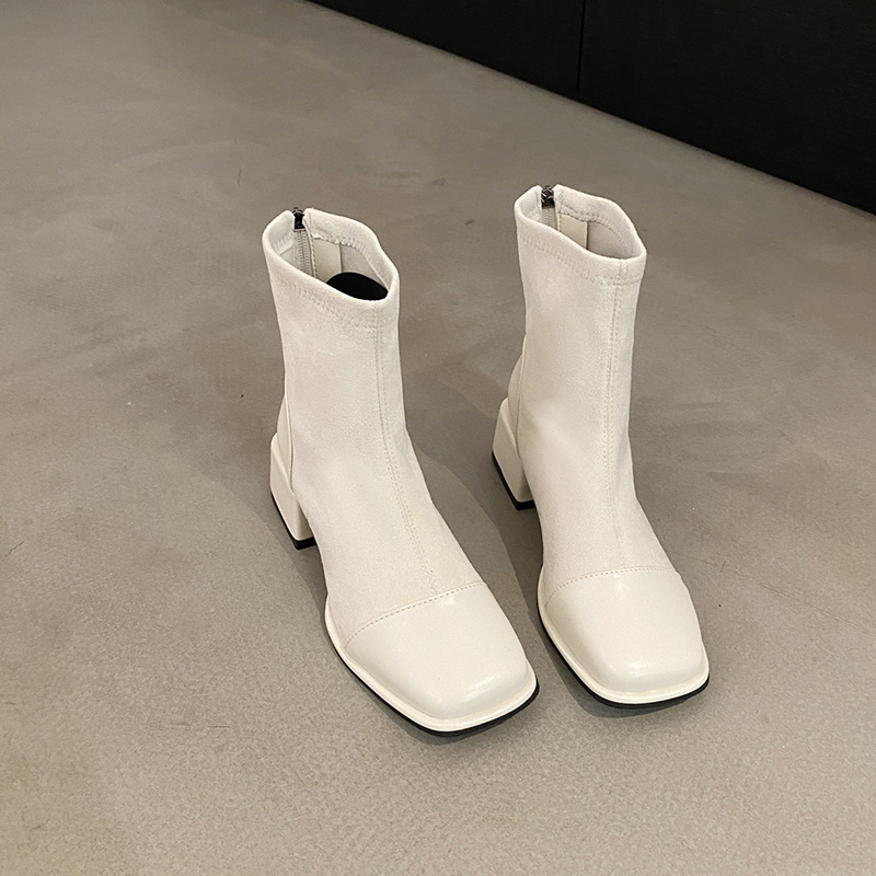 Large French Style Thick Heel Patchwork Autumn/Winter Square Toe Short Boots.