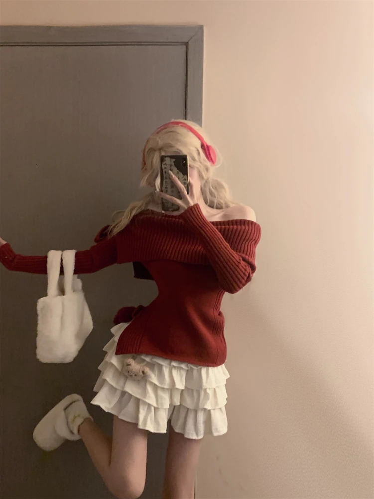 Winter Kawaii Sweet 2 Piece Set Woman Off Shoulder Bow Knitted Tops Mini Cake Skirt Female Korean Fashion Casual Suit 2024 240403