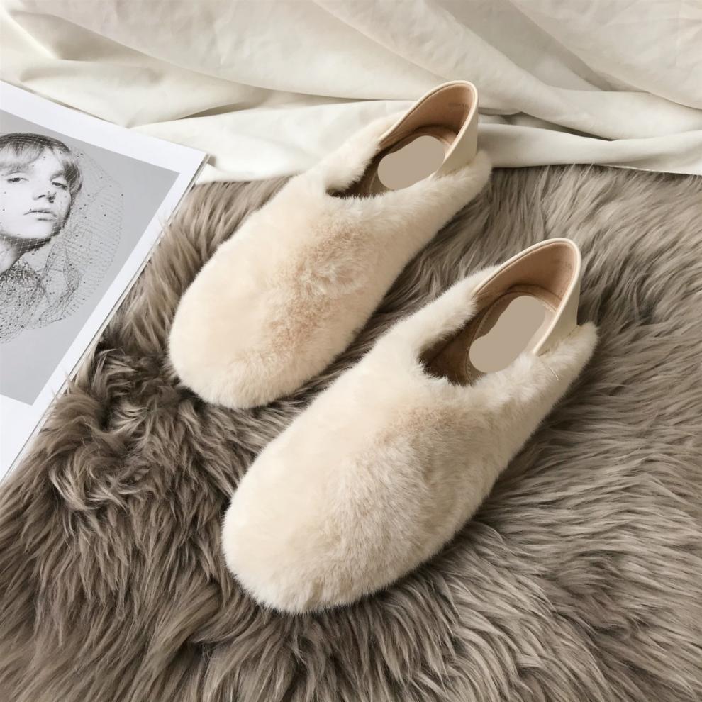 Women's Slippers:Winter Simple Design Solid Color Fleece Warm Fur Shoes Outdoor Flat Bottom,Black/Beige/Khaki,Free shipping 2e50