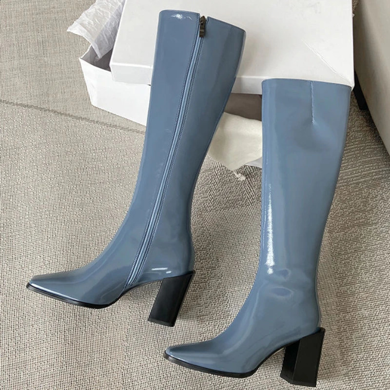 Blue womens boots winter knees womens long wheelbase shoes square toes Changchun autumn fashion work trend Gyaru Pu 241116