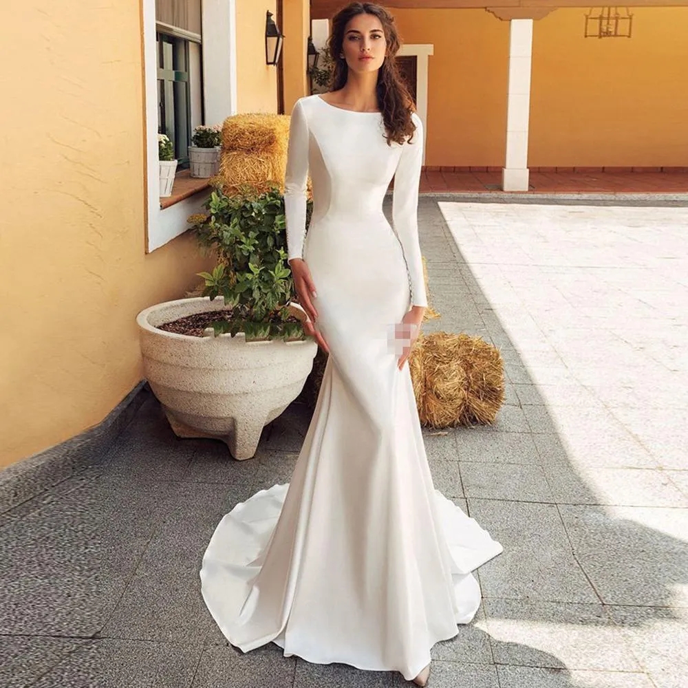Modest Mermaid Wedding Dresses 2024 Robes De Mariee Full Sleeves Buttons Backless Bridal Gown Sweep Train Elegant Satin Vestidos Boho AL8274