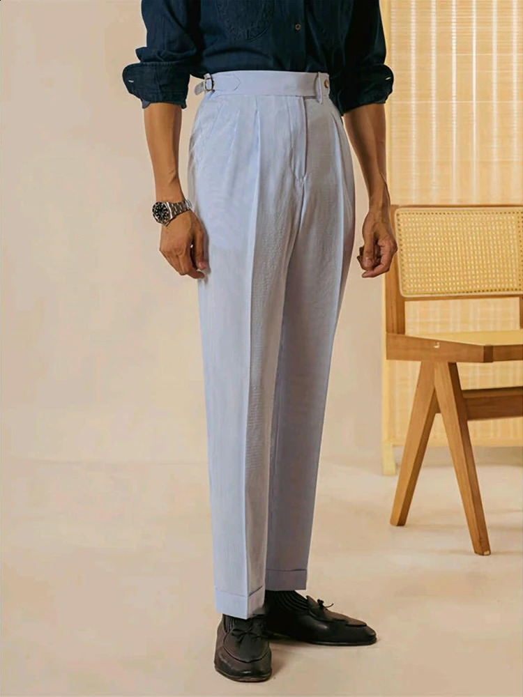 Classic Striped High Waist Suit Trousers Men Vintage Belt Laceup Straight Pants Spring Summer Mens Fashion Pleated Slim 241116
