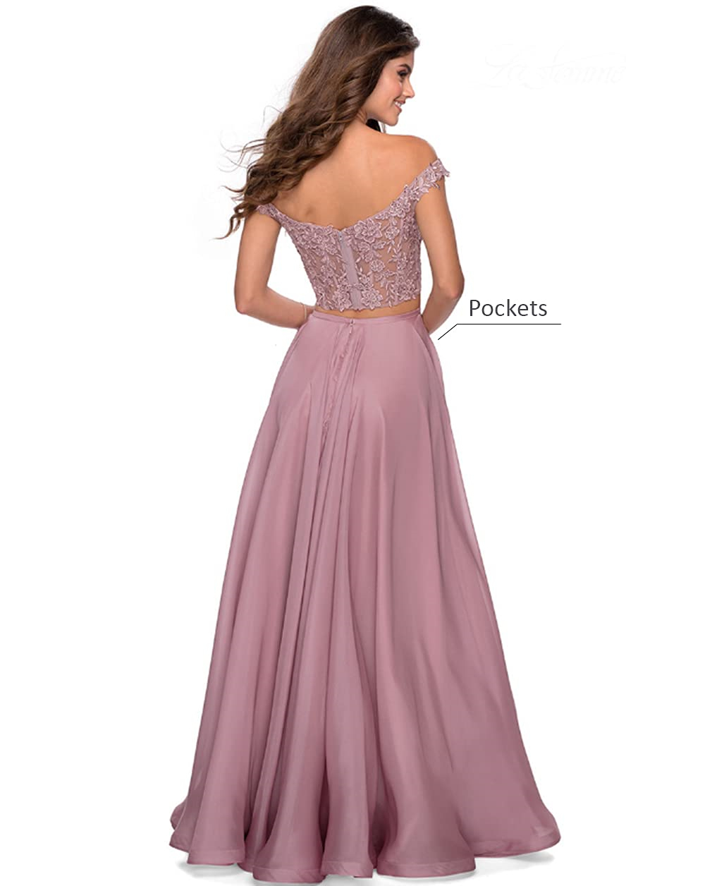 Two Pieces Off-the-Shoulder Long Prom Dresses Split Deep V-Neck Appliques Chiffon A-Line Plus Size Formal Occasion Evening Party Gown Pd12